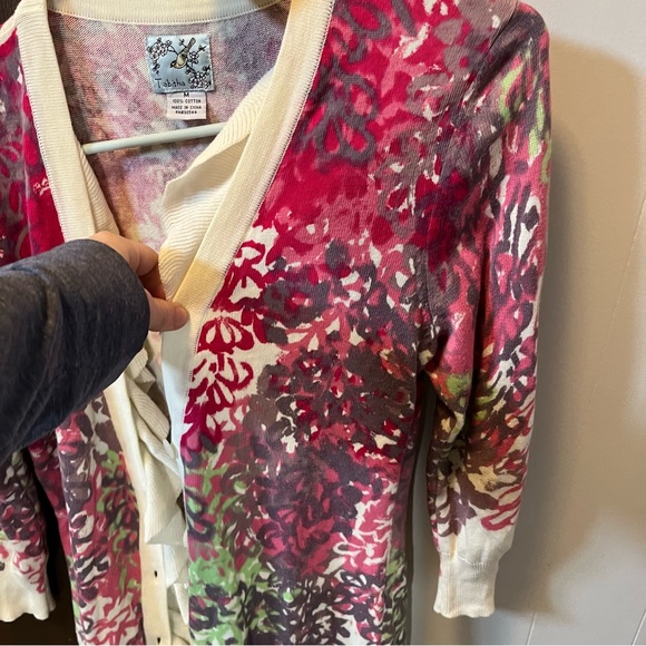 Anthropologie Tabitha Ruffle Floral Cardigan Spring Pink White Pockets Y2K M - Picture 4 of 9
